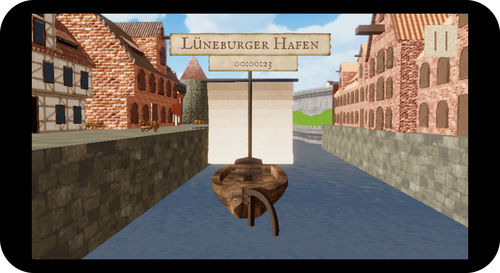 Transportsimulation auf den´m Smartphone Ilmenauewer mit gesetztem Segel im Lüneburger Hafen um 1700