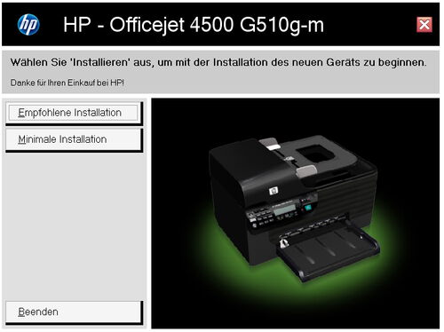 Dialog Druckerinstallation Wählen Sie "Installieren" aus, um mit der Installation des neuen Geräts zu beginnen. - Empfohlene Installation - Minimale Installation -
