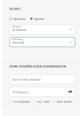 Anmeldeformular Bonusprogramm Du bist: - Sportlerin - Sportler - Deine Zugangsdaten: - Deine E-Mail-Adresse - Ihr Passwort -